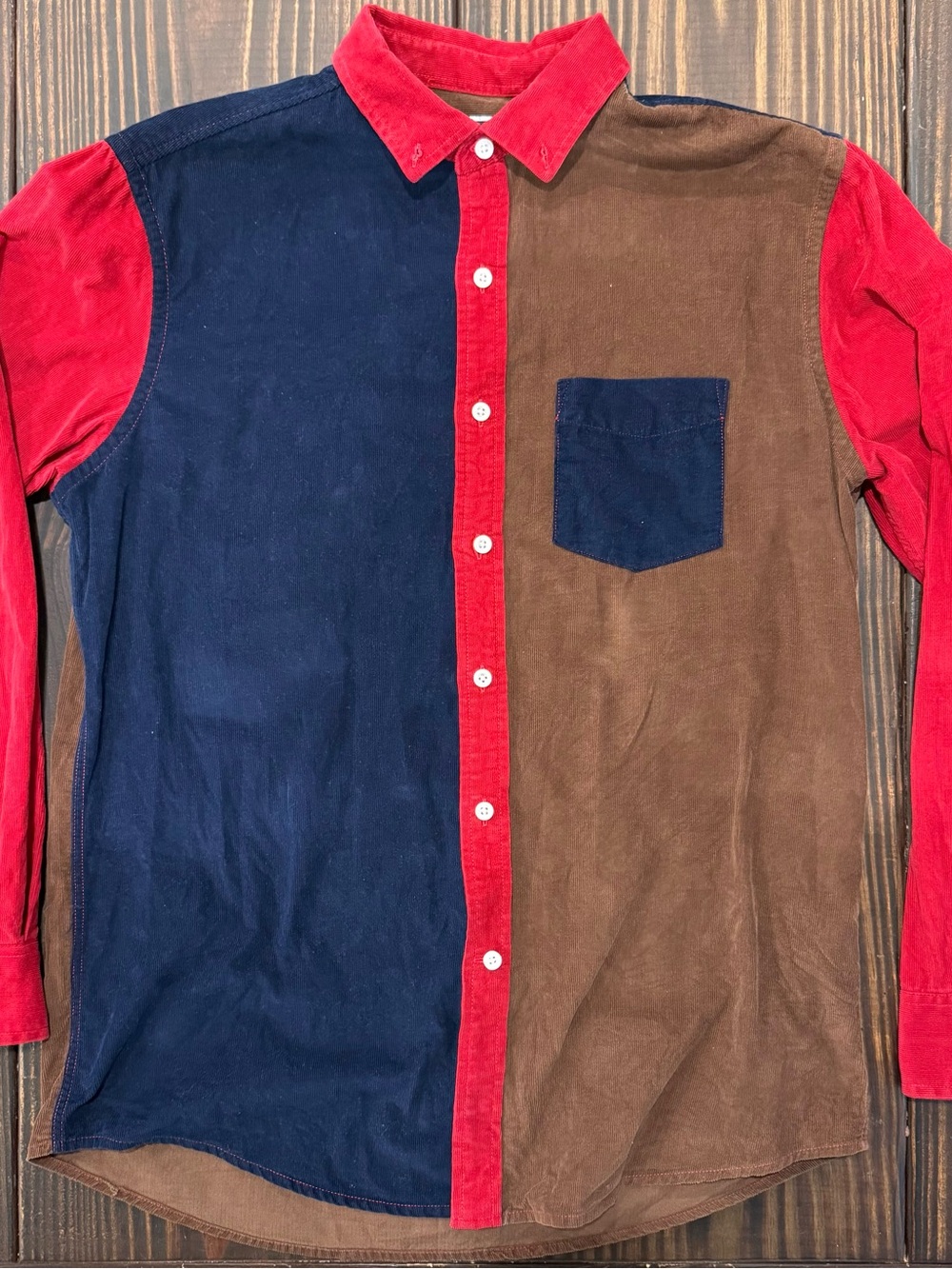 Colorblock Corduroy Button-Up Shirt - Red, Navy & Brown. Men’s Medium